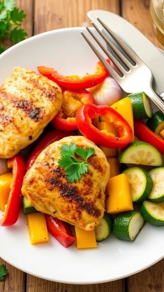 Quick Air Fryer Chicken and Vegetables Air fryer chicken and vegetables on a plate, featuring colorful bell peppers, zucchini, and garnished with parsley.